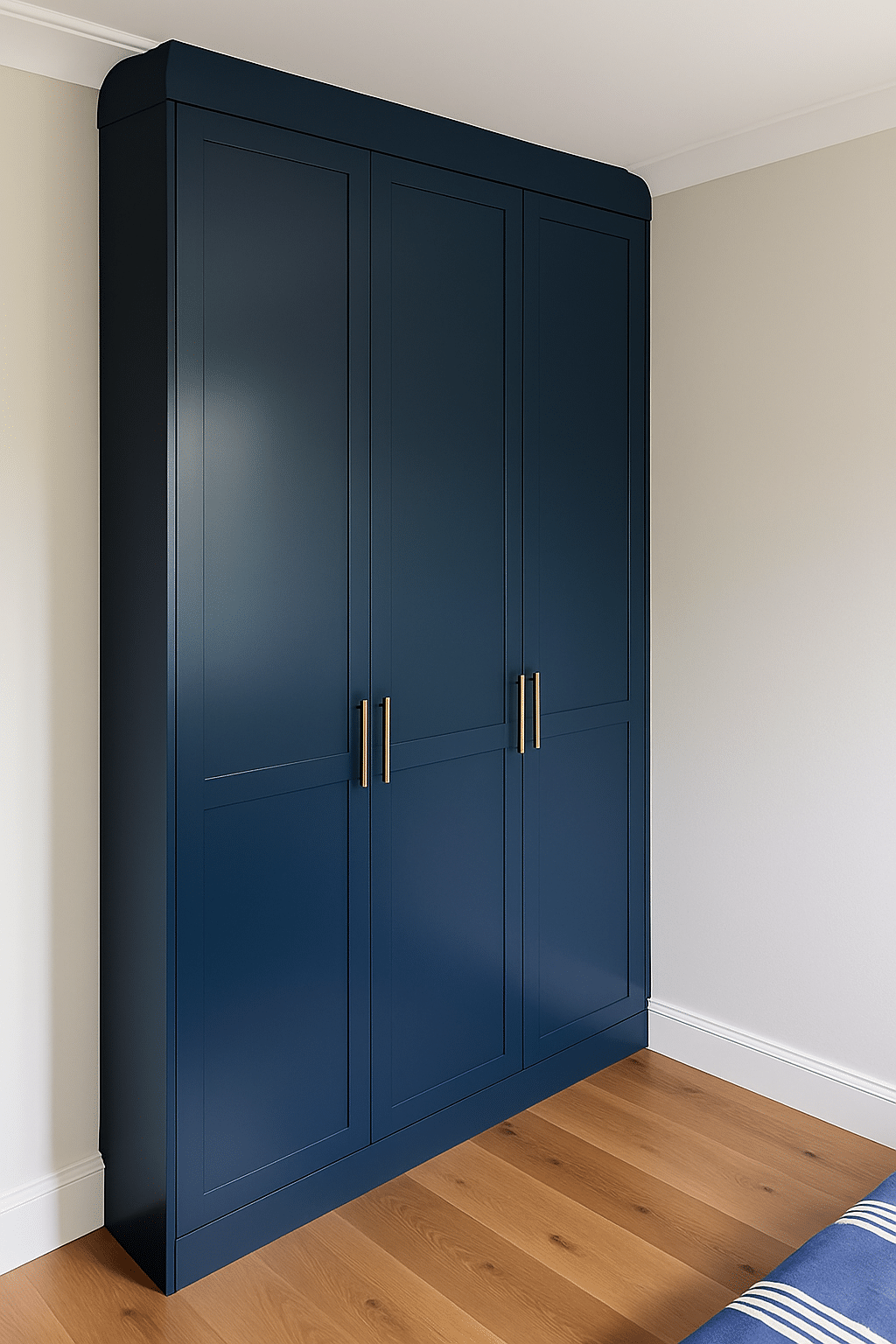 blue wardrobe contrasting with white colour wall
