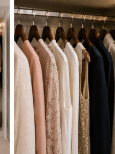 Clothes hanging on wooden hangers inside a closet, displaying light-colored dresses and blouses, including lace and sequined tops