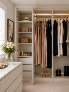 Walk-in closet with hanging dresses, shelves of beige handbags, and nude pumps on the floor beneath soft lighting.